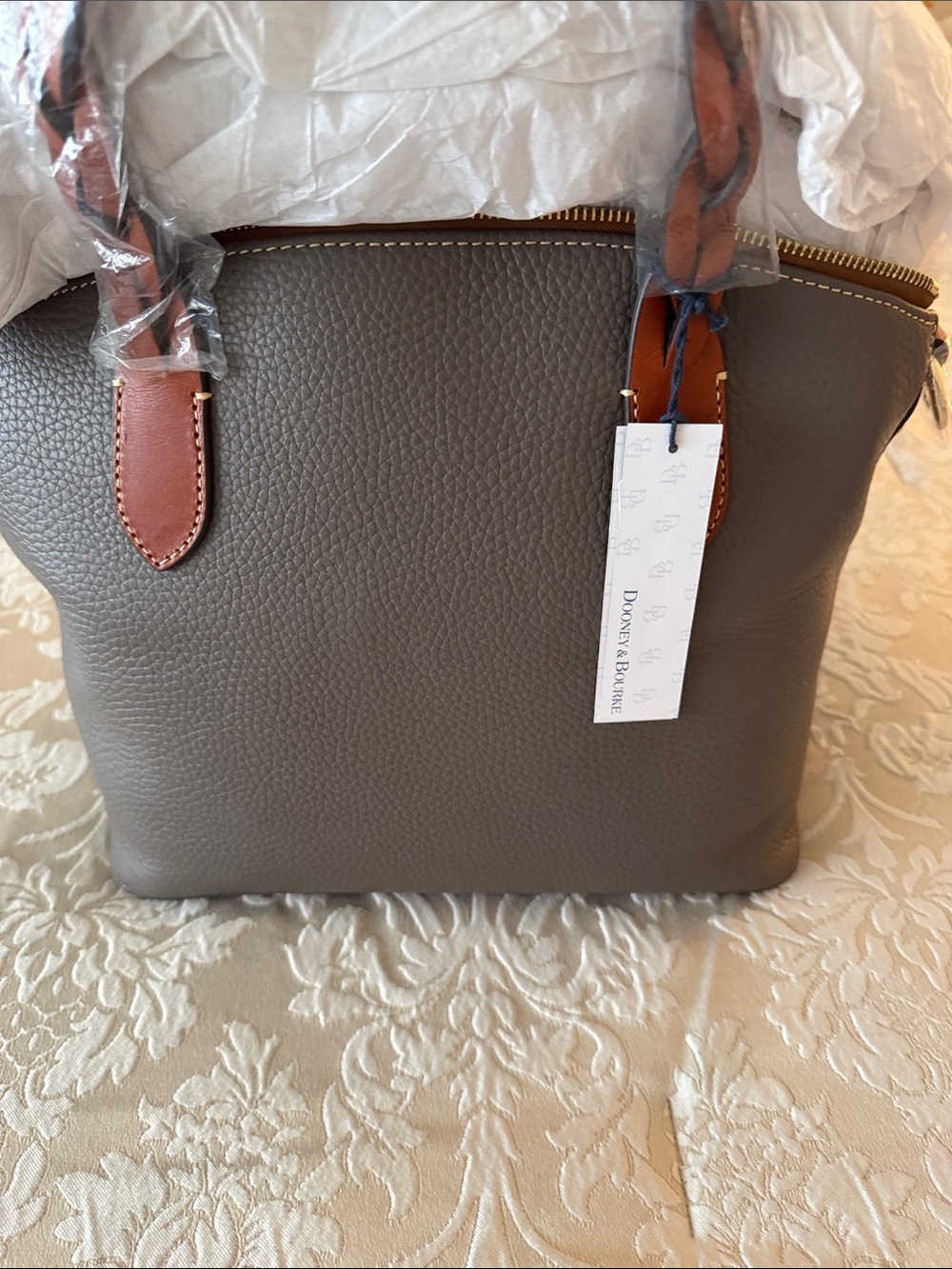 Dooney & Bourke Brown Leather Messenger with Tan Braided Handles - Picture 4 of 4